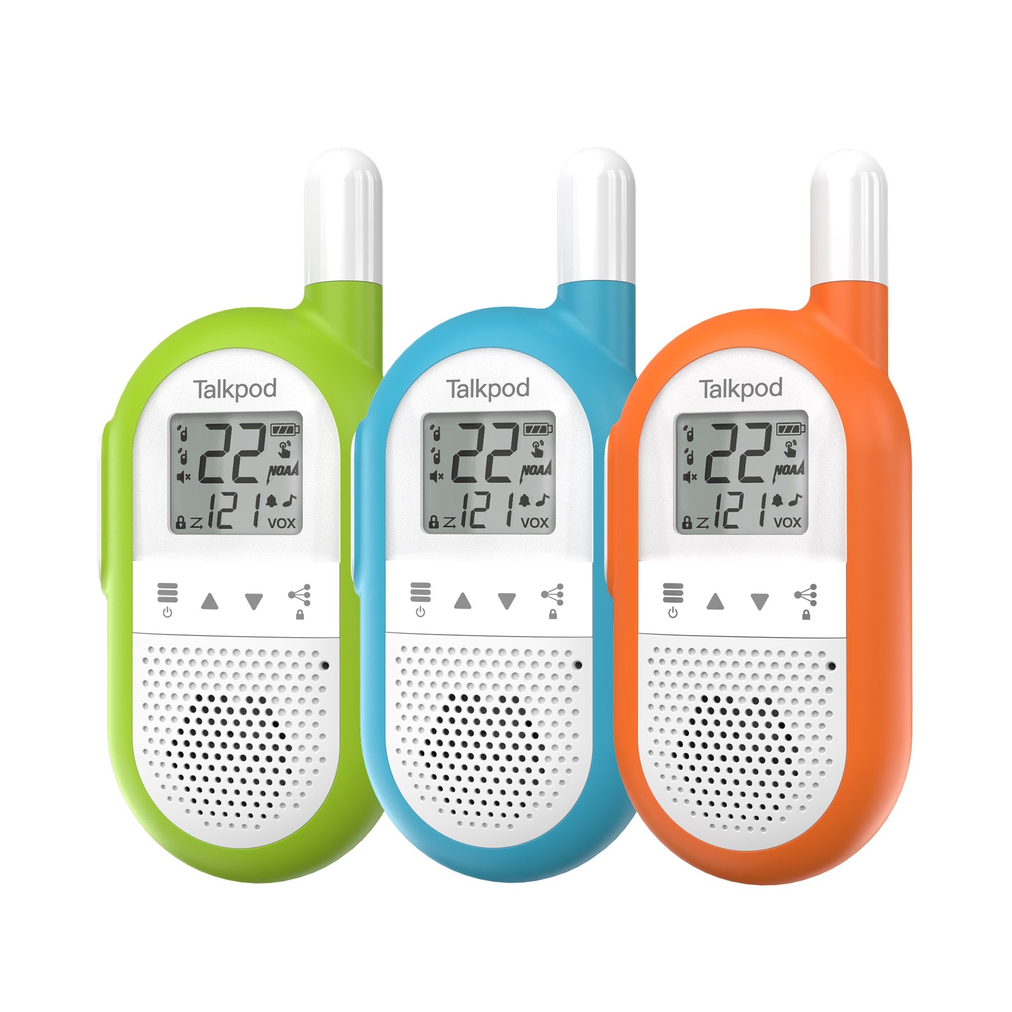 Talkpod F40 FRS Family Walkie Talkies (Triple Pack) Bright Blue/Green/Orange and White