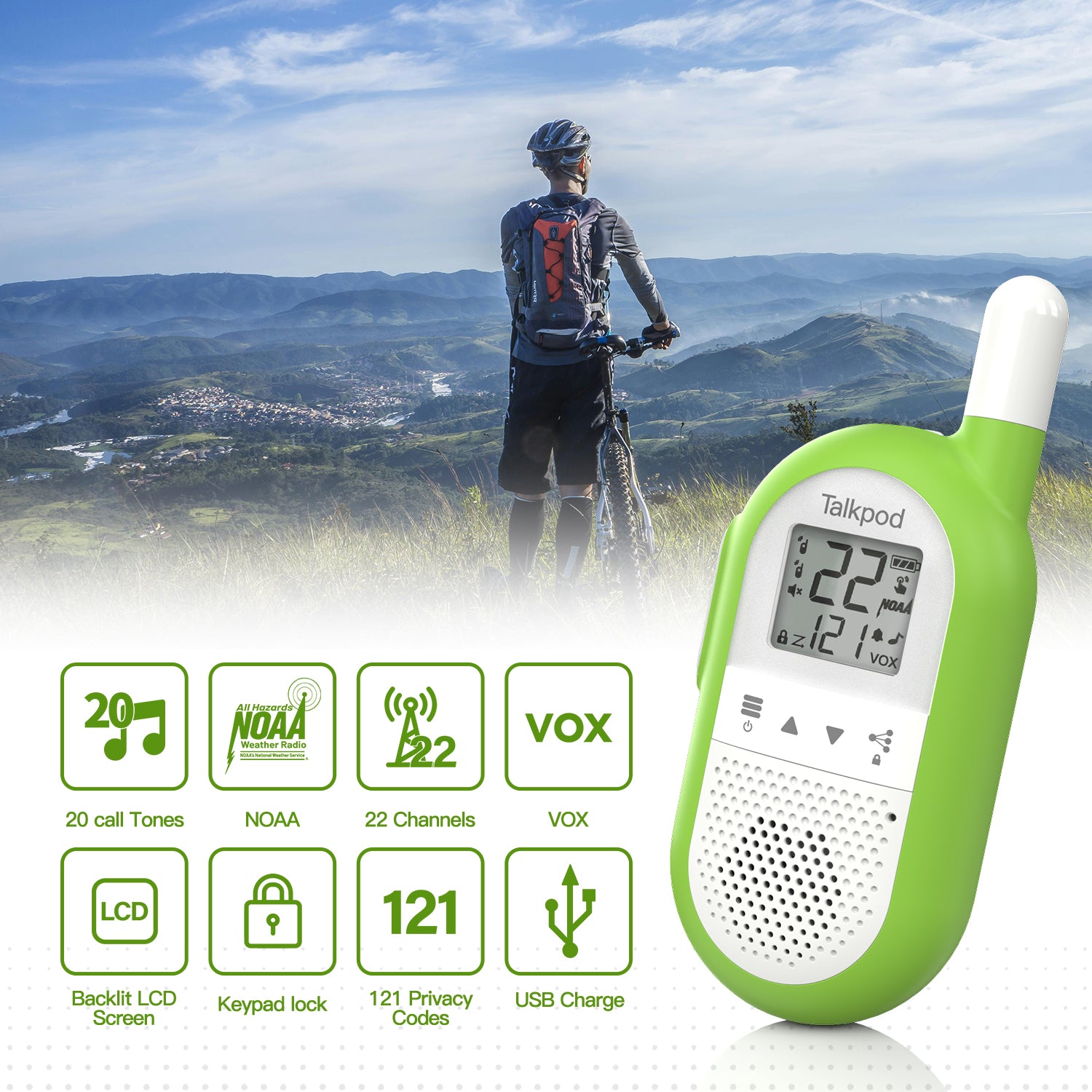 Talkpod F40 FRS Family Walkie Talkies (Dual Pack) Bright Blue/Green/Orange and White