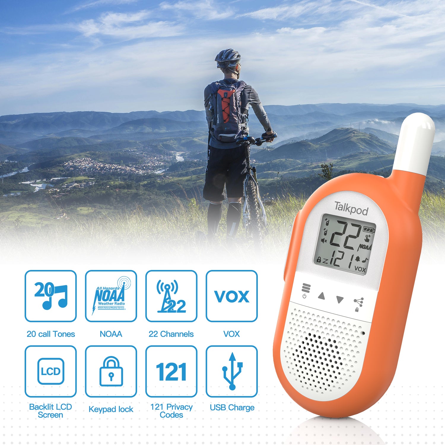 Talkpod F40 FRS Family Walkie Talkies (Triple Pack) Bright Blue/Green/Orange and White